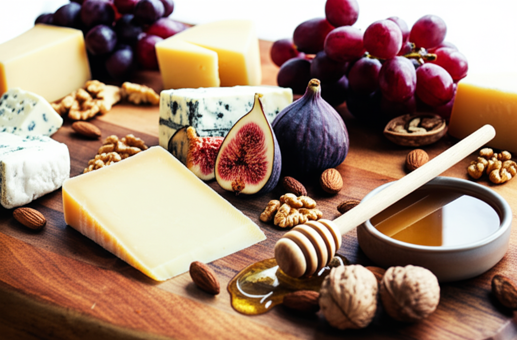 Artisanal cheeseboard with various cheeses, fruits, and accompaniments